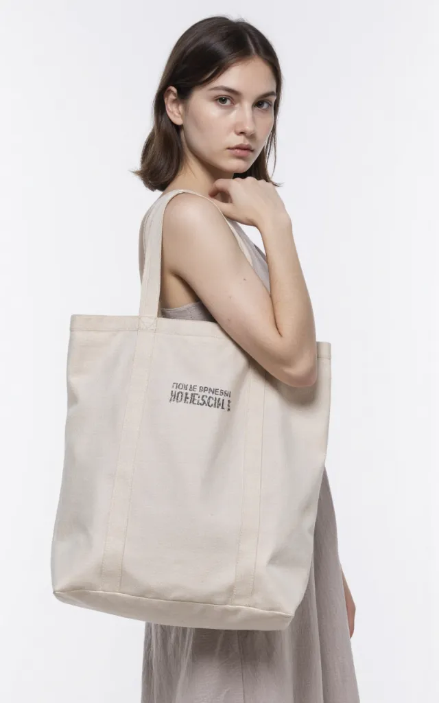A French female model with a Canvas bag, wearing a dress, against a white background, in a front   facing close   up